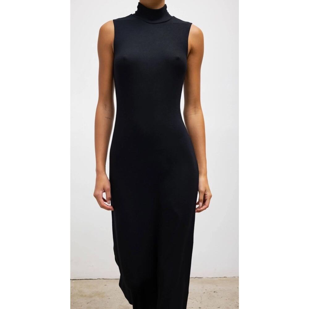 ATM Black Ribbed Mock Neck Bodycon Classic Midi Dress Comfort Stretch Knit Sz S